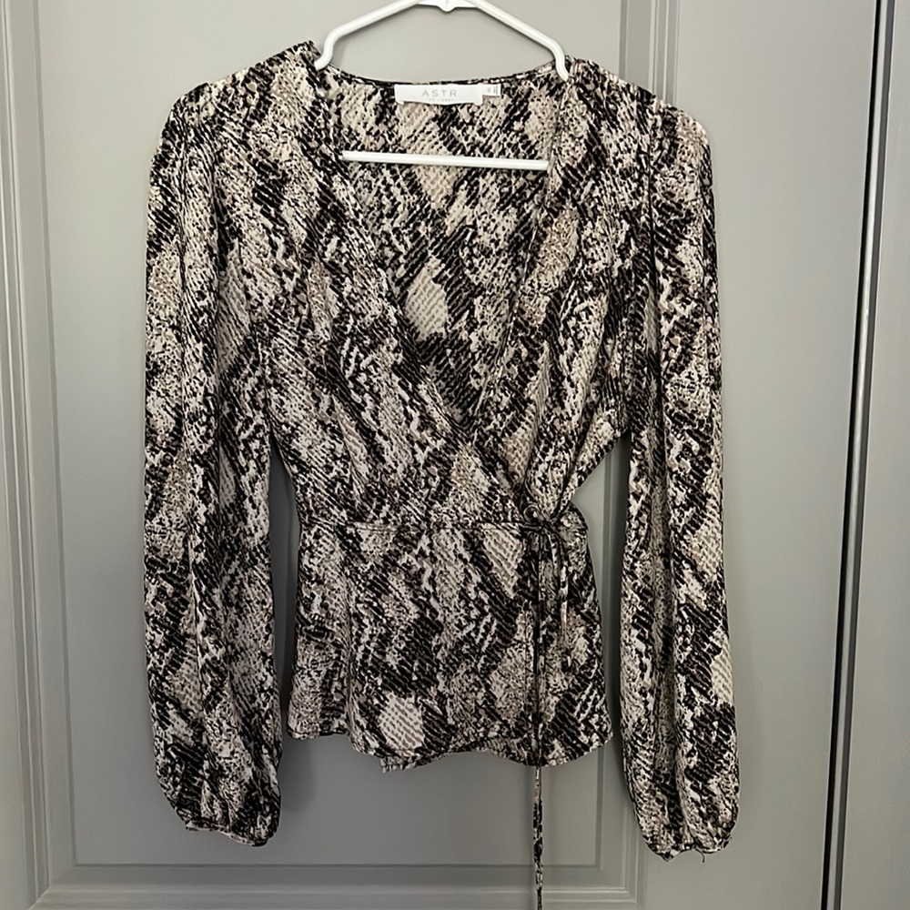 Astr Snake Print Long Sleeve Wrap Blouse